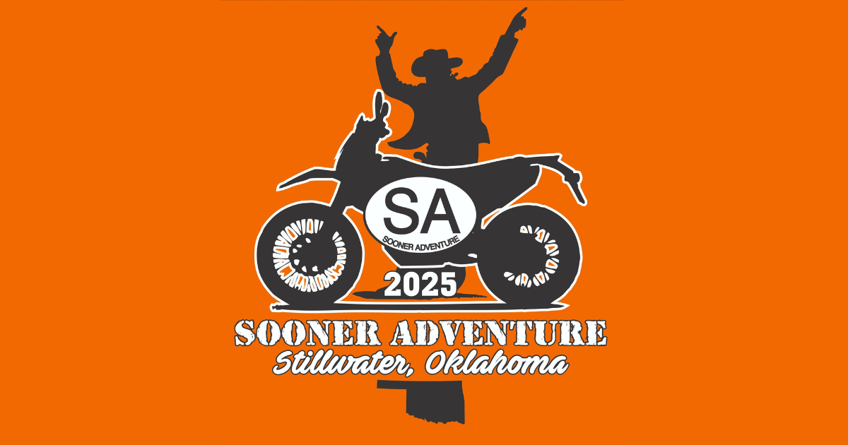 Sooner Adventure 2025 event logo featuring a rider on a motorcycle with “SA Sooner Adventure” and “Stillwater, Oklahoma” text on an orange background.