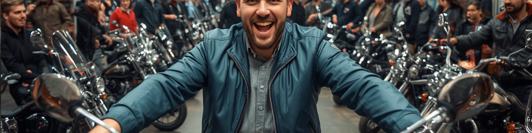 Rider sitting on a motorcycle in the motorcycle showroom with several different models of motorcycles visible with various riders sitting on them - depicting the importance of finding the right fit for every rider.