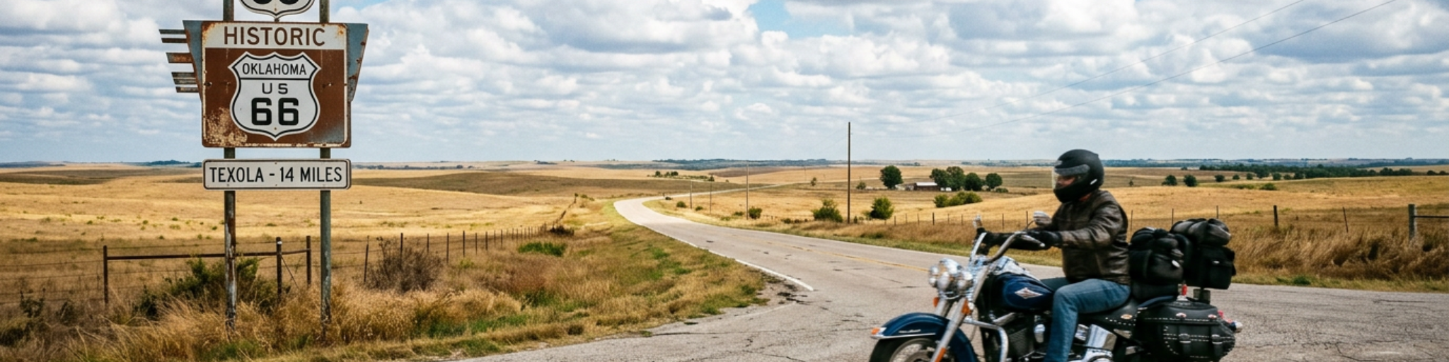 Motorcycle on original Route 66 pavement in Oklahoma, with the open plains and a classic Route 66 road sign visible under a wide Oklahoma sky.