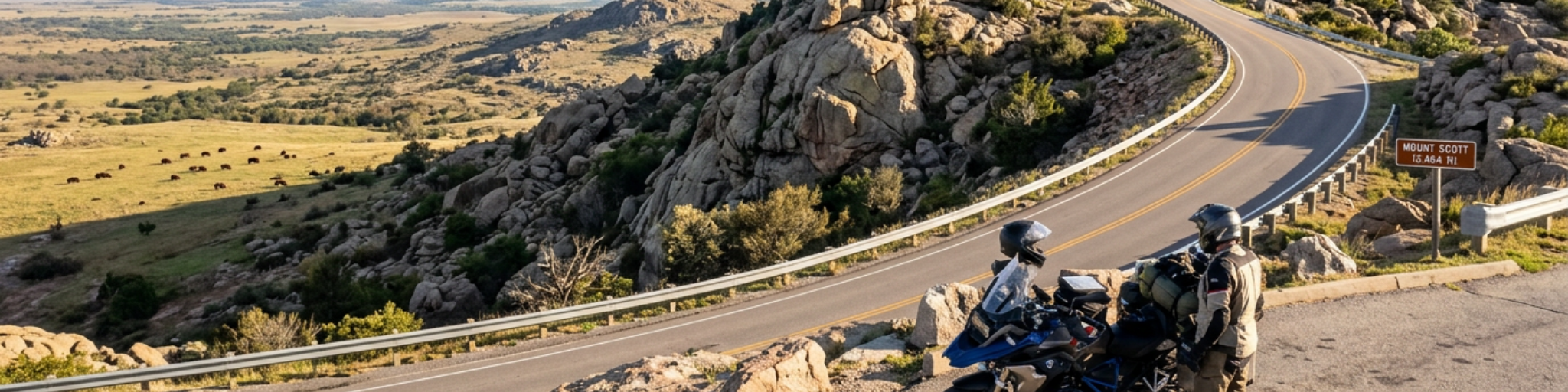 Motorcycle parked on a scenic overlook in the Wichita Mountains Wildlife Refuge near Lawton, Oklahoma, with granite peaks and open prairie stretching in the background.
