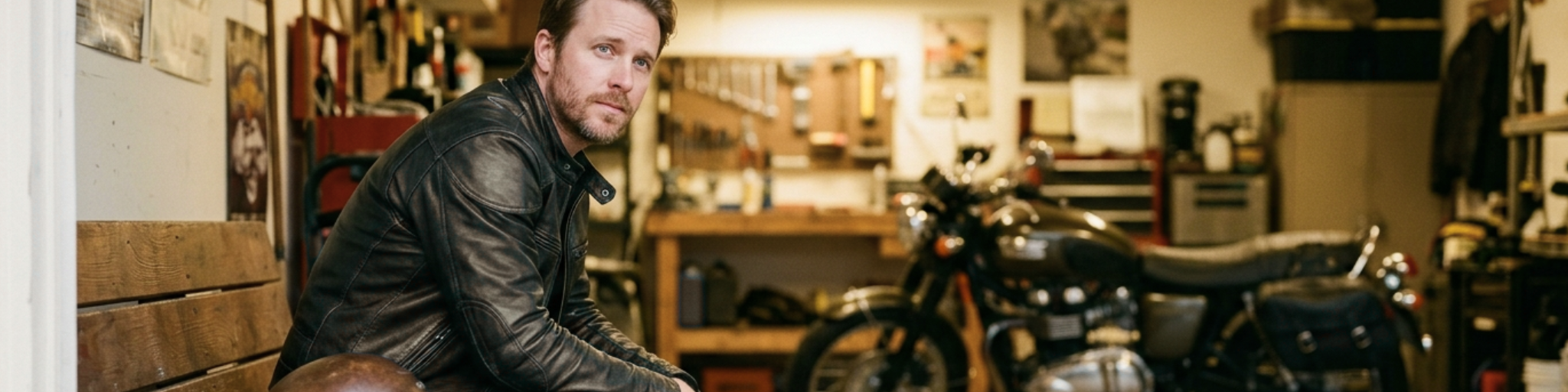 A motorcycle parked in a quiet garage with motorcycle rider in the foreground, representing the pause between an accident and the rider's return to riding on their own terms.