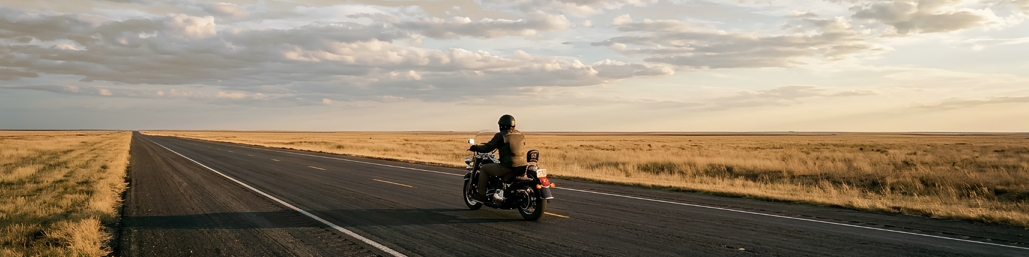 Motorcycle rider on an open Oklahoma highway with flat plains and a wide sky, representing the wind exposure conditions that OKC-area riders navigate regularly.