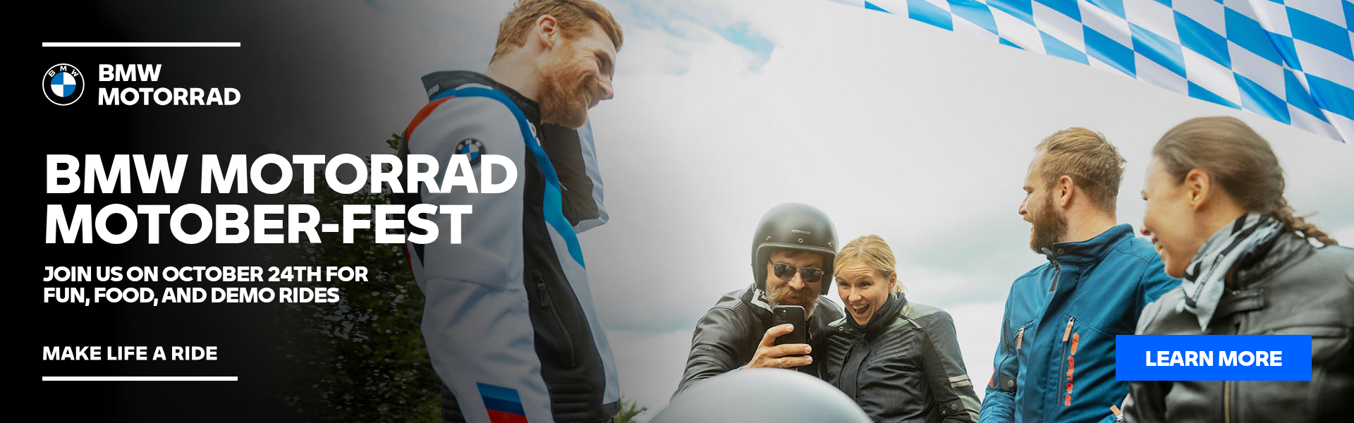 Promotional graphic for the 2026 BMW Motorrad Motober-Fest at BMW Motorcycles of Oklahoma City on October 24. The image features BMW riders gathered beneath blue-and-white Bavarian flags and promotes a day of BMW Motorrad demo rides, food, entertainment and more.