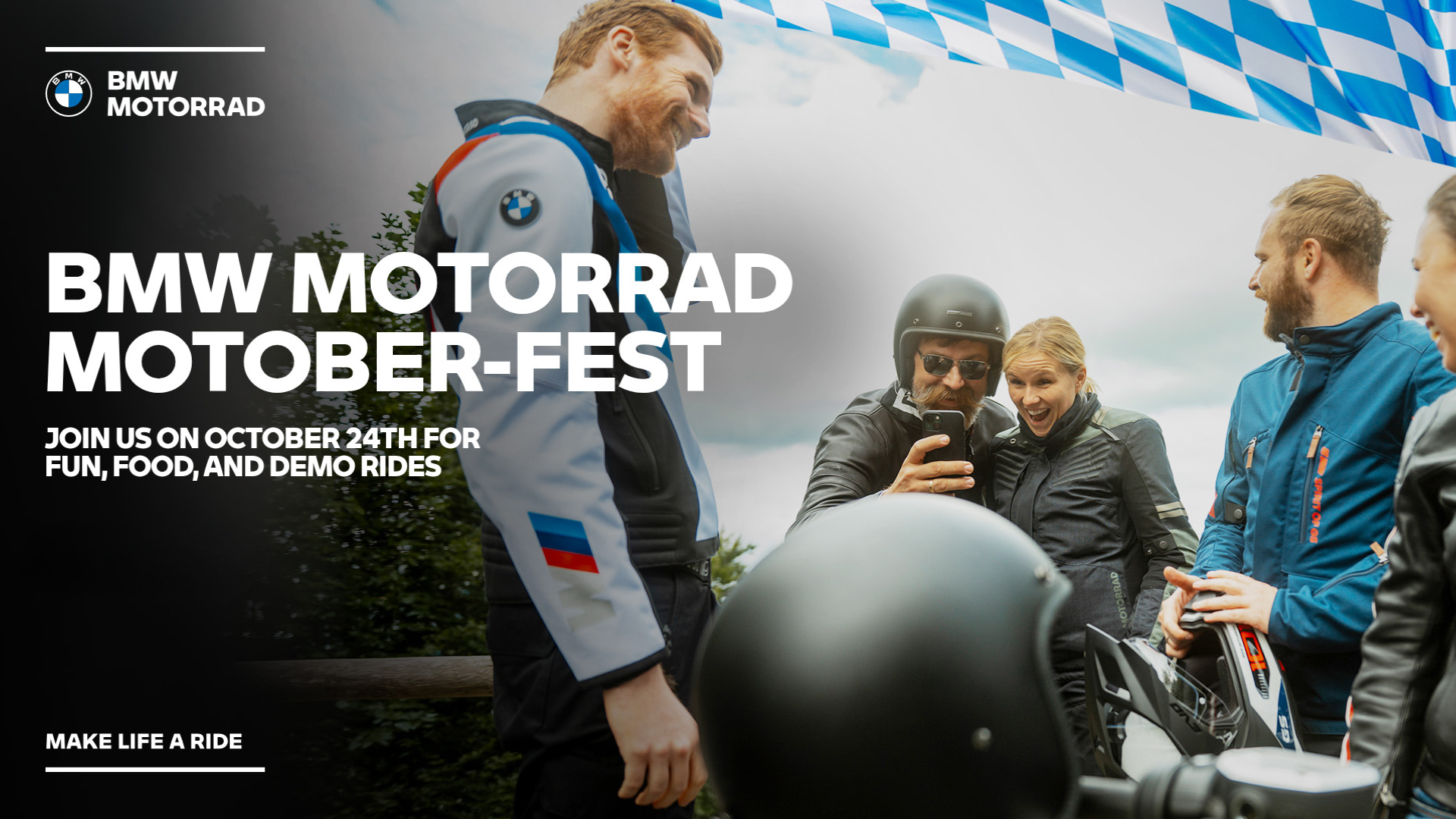 BMW Motorrad Motober-Fest event graphic featuring BMW riders, Bavarian flags, and details for October 24 with food and demo rides at BMW Motorcycles of Oklahoma City.