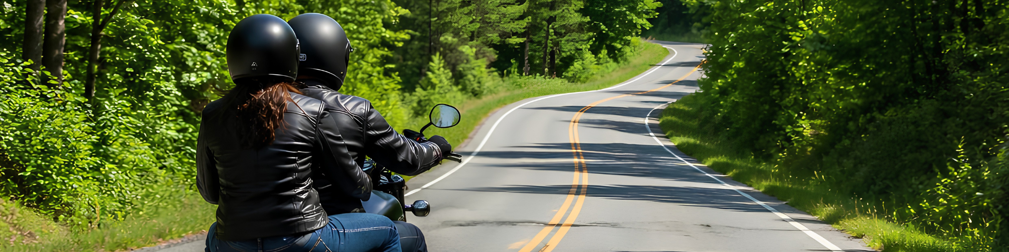 Motorcycle rider and passenger in full gear on an Oklahoma road, representing the preparation and trust that make two-up riding a positive experience for both people on the bike.