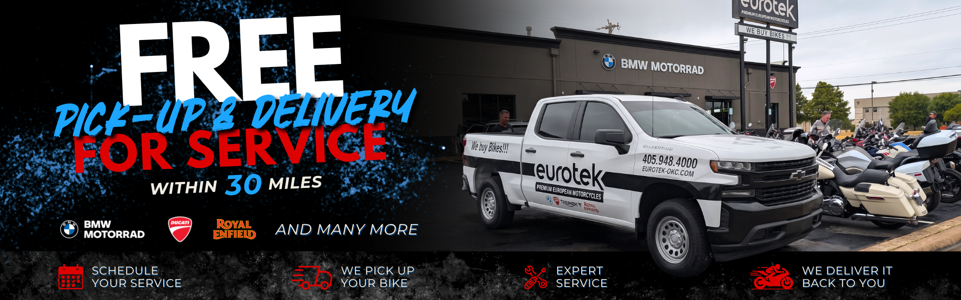 Eurotek OKC truck towing a trailer of BMW, Ducati, and Royal Enfield motorcycles, free service pick-up and delivery within 30 miles until the end of the year.